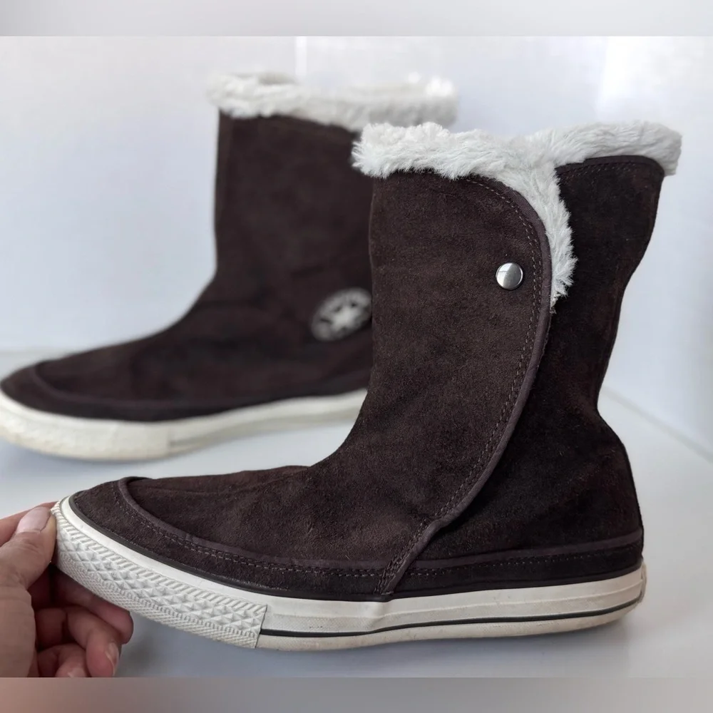 Converse All Star Boots Brown Leather Suede Faux Fur Lined Warm Women’s Size 9